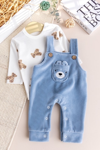 Fiğürlü Kışlık Kadife Erkek Bebek Salopet Tulum Set mavi