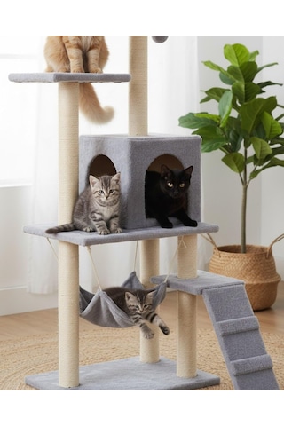 Pet B-07 Hamaklı Yuvalı Lüx Kedi Tırmalama Oyun Evi Gri