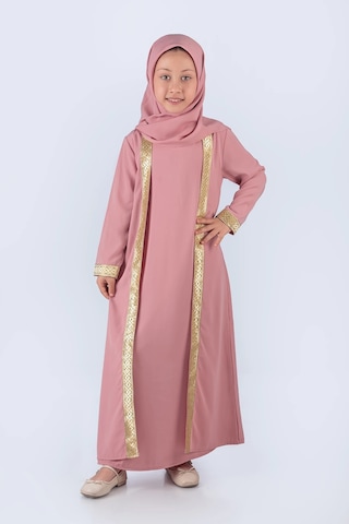 Eşarplı Ferace Medine İpek Kumaş Kız Çocuk Pembe