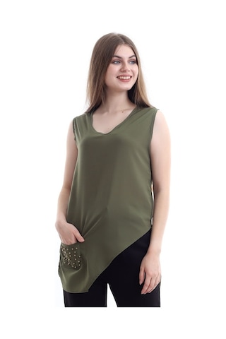 Self Clothing Kadın Yeşil V Yaka Cep Ve Yırtmaç Detaylı Bluz Slf1246-Yeşil