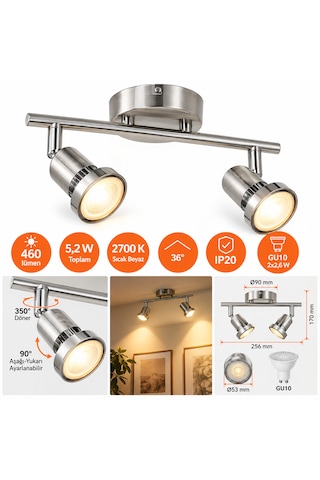 2 Li Gu10 Led Spot Aydınlatma Armatürü 2 2,6 W 460 Lümen 2700k Sıcak Beyaz Ampul Dahil Krom