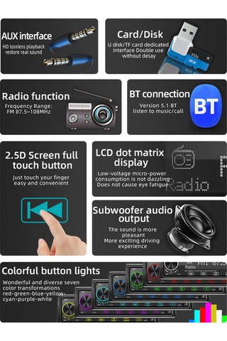 Tek Din Araba Stereo Alıcısı 1 Din Mp3 Çalar Fm Radyo Tam Dokunmatik Düğme Desteği Eller Serbest Arama Usb Şarj U-disk/tf Kart/aux-ın Uzaktan Kumandalı Bt Araç Arama Renkli Işık