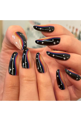 Günlük Orta Çizgili Badem Giyilebilir Tırnaklar Gökkuşağı Yıldızlı Gökyüzü Tatlı Ve Havalı Çok Yönlü Parlak Takma Tırnaklar 24 Parça Tırnak Sanatı Dahil Araçlar Ys1105