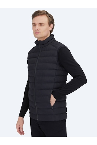 Kip Siyah Dik Yaka Casual Dokuma Spor Yelek Siyah