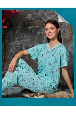 Sude Kadın Bambu Yakası Nakışlı V Yaka Kısa Kol İnce Pijama Takımı P300/312 - 1 Adet Yeşil