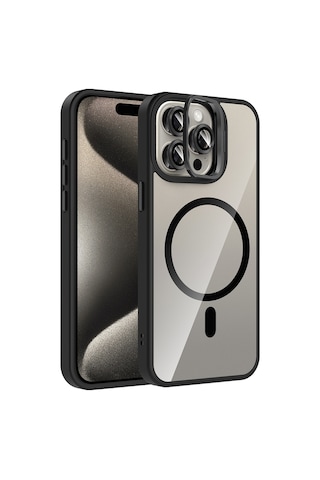 Apple Uyumlu iPhone 15 Pro Max Kılıf Standlı Ve Kamera Lens li M-safe Şarj Özellikli Zore Etro Kapak Siyah