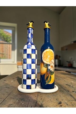 750 Ml Yeni Mavi Limon Ve Dama Desenli 2 Li Cam Yağdanlık Seti Gold Başlıklı Taş Sunum Standlı Dekoratif Tarz Lacivert