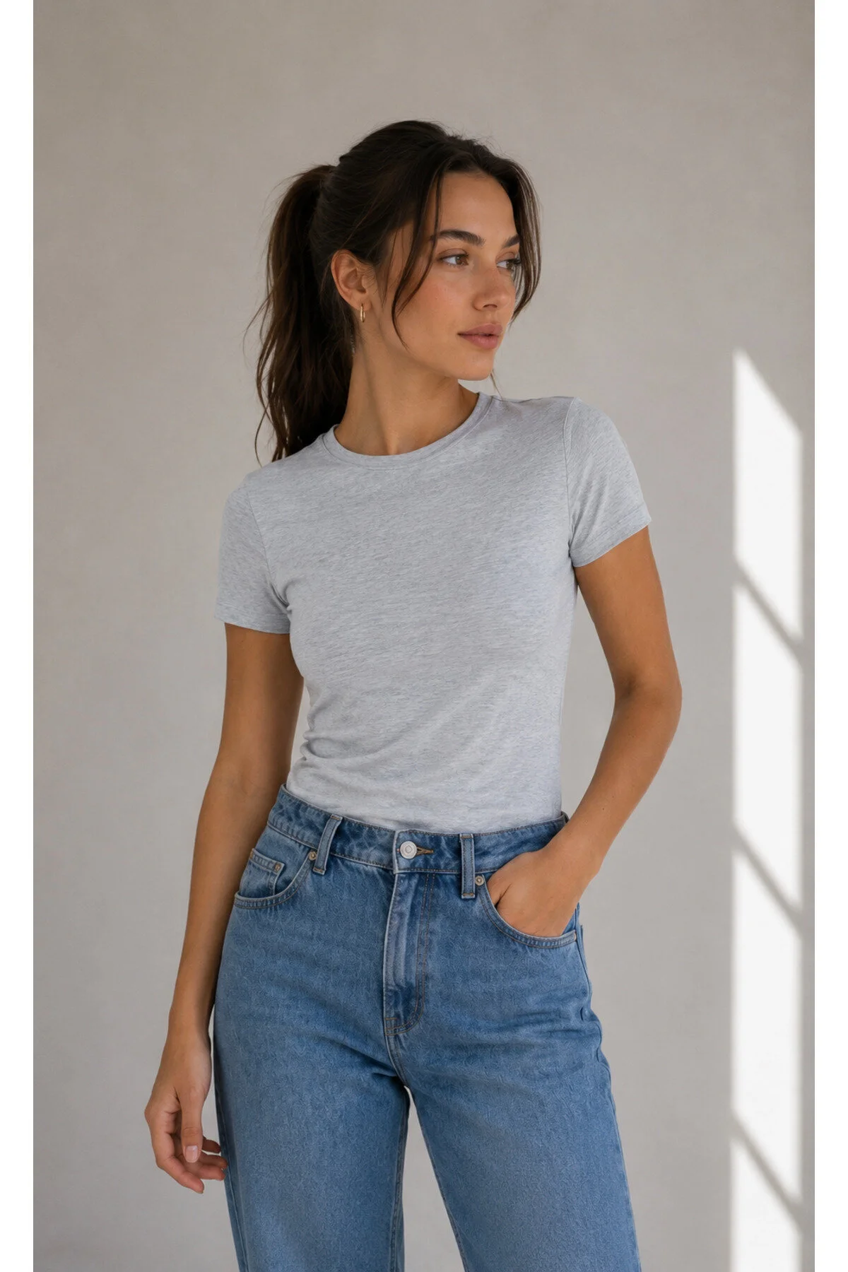 Siempre Kadın Gri Melanj Slim Fit Basic Bisiklet Yaka Tshırt