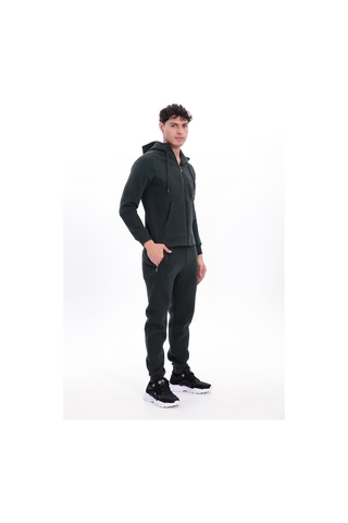 Rowinger 3 İplik Kalın Dokulu Parçalı Görünümlü Kapüşonlu Tam Fermuarlı Erkek Sweatshirt Darkgreen