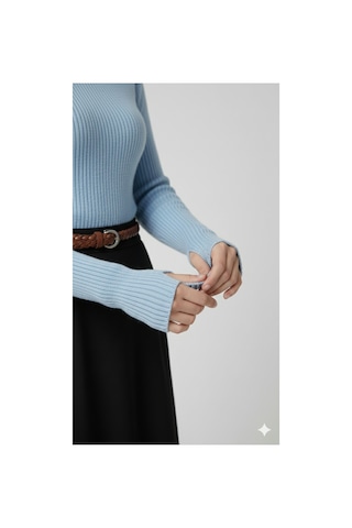 Sonbaharmoda Kadın Boğazlı Likralı Triko Badi Parmak Geçmeli Kol, Tek Beden,100% Akrilik Bebe Mavisi