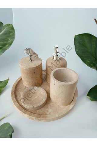 Sarı Traverten Klasik Model 5 Parça Gümüş Renk Japon Gülü Aksesuarlı Banyo Seti Sarı Traverten