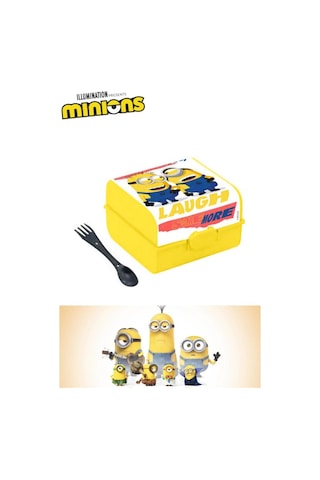 Flosoft Lisanslı Minions Beslenme Kutusu, Desenli 3 Bölmeli Kilitli Çatal-Kaşıklı Okul Beslenme Kabı