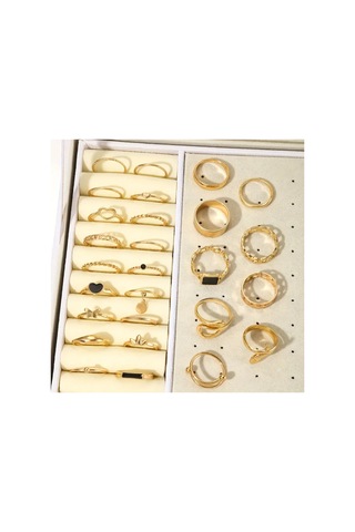 Miel Gold - 25/27 Parça Siyah Taşlı Figürlü Şık Tasarım Vintage Çoklu Gold Altın Yüzük Seti