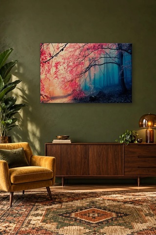 Fida Sisli Mavi Ormanda Kırmızı Yapraklı Ağaç Canvas Tablo Çok Renkli