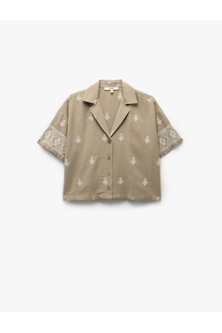 Koton Viskon Etnik Desenli İşlemeli Kısa Kollu Oversize Crop Gömlek Haki 5sak60094pw Haki