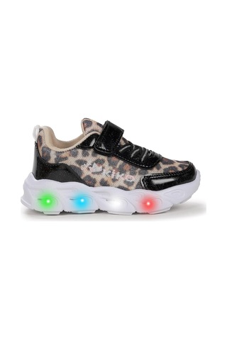 Kiko Kids Teno Leopar Desenli Cırtlı Işıklı Kız Bebek Spor Ayakkabı Siyah