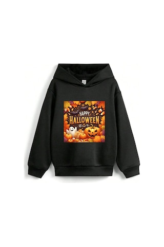 Stil X Halloween - Cadılar Bayramı Baskılı, Kapüşonlu Çocuk Sweatshırt, 3 İplik Şardonlu Siyah-3