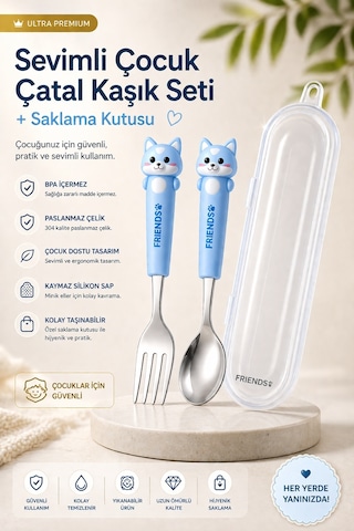 Mavi Renk Kedi Figürlü Premium Çocuk Bpa Free Paslanmaz Çelik Uçlu Çatal-kaşık Set 24+ Ay