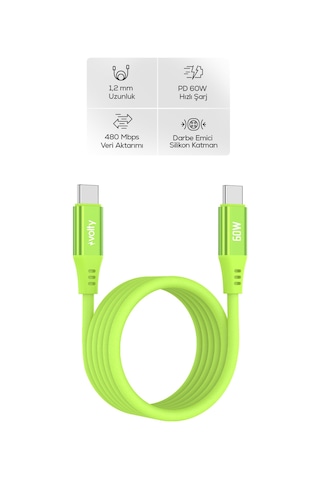 Type-c To Type-c Hızlı Şarj Kablosu 60w Pd, Ultra Esnek Silikon, 480mbps, 1.2m Yeşil-v0201017