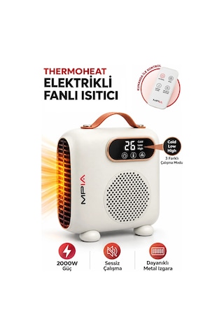 Exenar - Beyaz - 2000w Uzaktan Kumandalı Elektrikli Fanlı Isıtıcı Soba