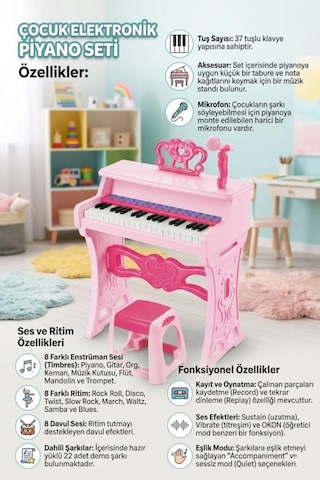 37 Tuşlu Sesli Müzikli Şarjlı 8 Ritimli Nota Ve Mikrofon Standlı Taburelı Oyuncak Elektronik Piyano Pembe