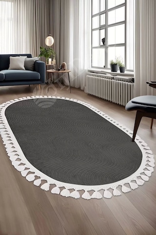Avangard Oval Halı Sahra Antrasit Salon Koridor Antre Mutfak Halısı Silinebilir Saçaklı