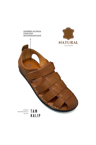 Sermoda %100 Hakiki Deri Burnu Kapalı Erkek Sandalet Şırıngıl Taba