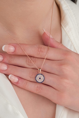 12 Mm Gümüş Rose Kaplama Nazar Boncuklu Boncuğu Zirkon Taşlı Mavi Göz Kolye