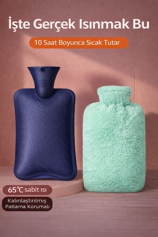 Sıcak Su Torbası Yumuşacık Peluş Kılıflı Sıcak Su Torbası 2l Kapasiteli Yıkanabilir Kılıf Mint Yeşil
