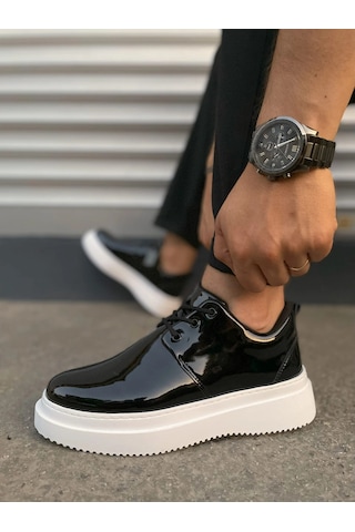 Mevese Ornex Erkek Deri Görünümlü Bağcıklı Casual Sneaker Klasik Günlük Ayakkabı - Siyah Beyaz Rugan