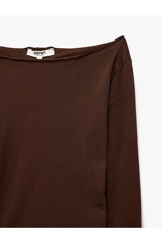 Koton Pamuklu Kayık Yaka Rahat Kesim Uzun Kollu Pijama Üstü Kahverengi 7wlk40279mk Kahve