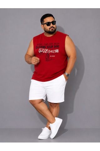 Büyük Beden Kolsuz Yuvarlak Yaka Baskılı Erkek Tishirt Atlet Kırmızı