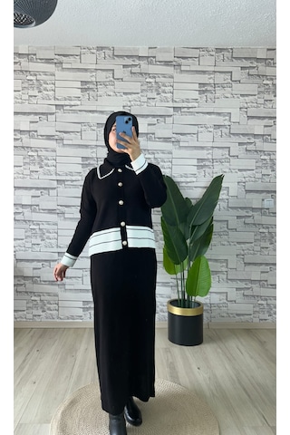 İnci Düğme Detaylı Triko İkili Takım Siyah Beyaz Siyah - Beyaz