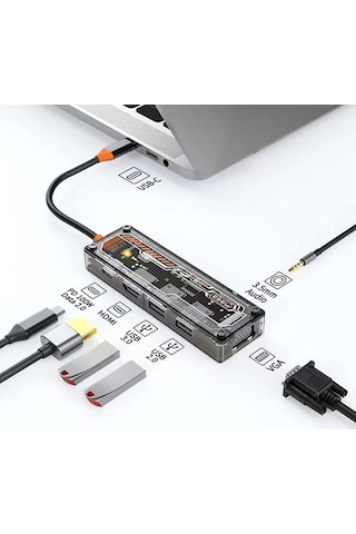 Ally 6in1 Type-c To Usb3.0 + Usb2.0 + Type-c Pd 100w + Hdmı + Vga + 3.5mm Çoğaltıc Transparanı Hub- 5775 Renkli