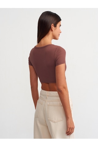Dilvin Kısa Kollu Crop Top Kahve