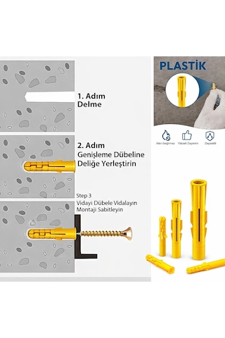 8 Mm Plastik Dişli Roket Dübel Sarı Güçlü Tutuş Tuğla & Beton Duvar Uyumlu 100 Adet