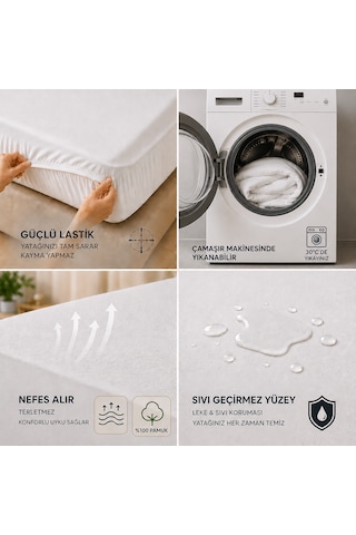 Sıvı Geçirmez / Ultra Sessiz / Fitted Yatak Alezi / %100 Pamuk Beyaz