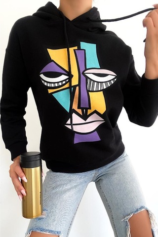 Femelle Kadın Yeni Sezon Karakter Baskılı Kapüşonlu Pamuklu Sweatshirt siyah