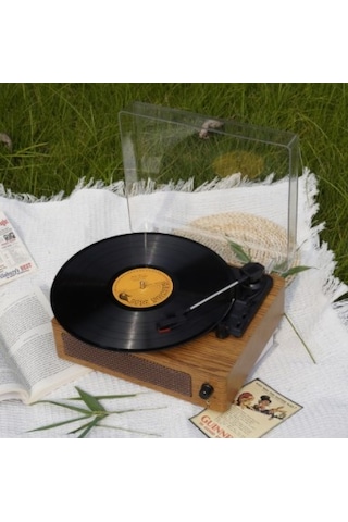 Omix Fm-108 Açık Kahverengi Hoparlörlü Bluetoothlu Pikap Plak Çalar Kahverengi