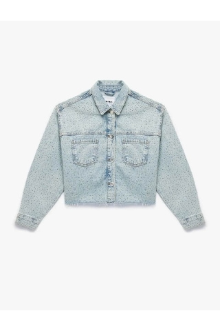 Koton Cep Detaylı Düğmeli Klasik Yaka Taşlı Denim Açık İndigo Kadın Ceket 6wal50002md Açık Indigo