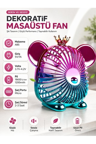 Usb Şarjlı Dekoratif Masaüstü Fan 1200mah Sessiz Mini Vantilatör 3 Kademeli