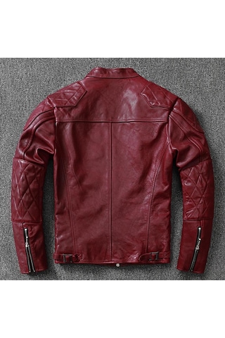 Nyc Giyim Tekstil & Deri Vintage Motosiklet Şarap Kırmızı Renk Hakiki Deri Mont Bordo