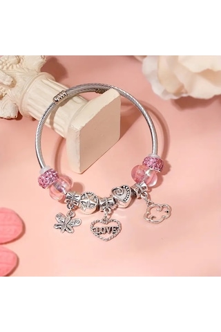 Yeni Tarz ,pembe Love Crystal Taşlı Aşk Kalp , Sevgi Charmlı Bileklik, Ahşap Kutu İçerisinde Gümüş Gümüş