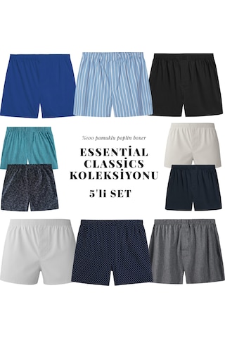Yohannes Club Boxer Erkek, 5'li "essentian Classics Koleksiyonu" % 100 Pamuklu Poplin Kumaş, Koyu Renkler, 5 Adet Navy