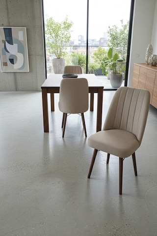 Nora 3 Adet Sandalye - Keten Kumaşlı Sandalye Modern Ahşap Ayaklı Yemek & Çalışma Sandalyesi Minimal Tasarım Cappuccino