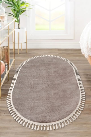 Vl Yuvarlak Comfort Ponpon Saçaklı Peluş Post Halı Kahverengi Halı Kahverengi Popon Saçaklı Oval