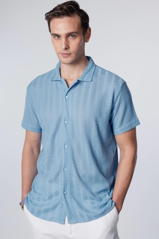Tudors Slim Fit Dar Kesim Kısa Kollu Nefes Alan Örme Doku Armür Desenli Yazlık Mavi Erkek Gömlek-31003-mavi Mavi