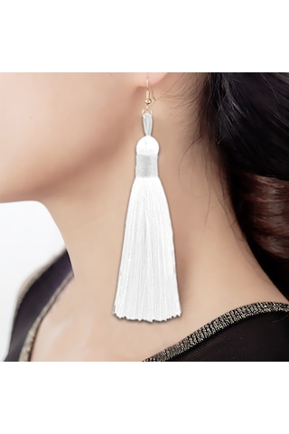 3 Çift Kadın Boho Moda Uzun Püskül Küpe Beyaz