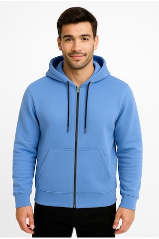 Axxel Erkek Mavi Fermuarlı Kapüşonlu Sweatshirt 3 İplik Şardonlu-w590 Mavi