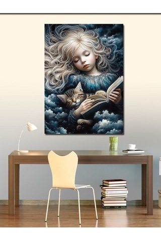Kanvas Tablo Kitap Okuyan Kız Ve Kedi 70cmx100cm